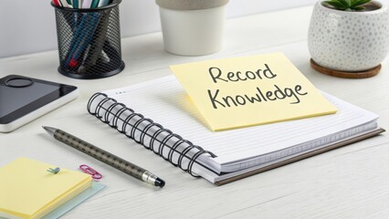 Notebook and Sticky Note with Record Knowledge on a Workspace