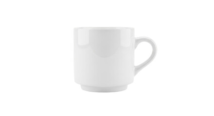 Isolated white ceramic coffee mug stands on a small base, angled towards the viewer