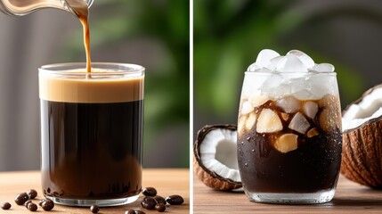 Iced Coffee Creations: Pouring Espresso, Coconut Milk, and Ice, Refreshing Summer Drinks, Tropical Flavors, Coffee Art, Beverage Photography