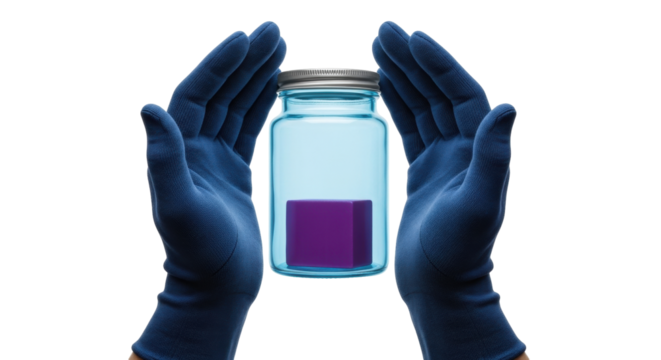 Isolated hands in medical gloves hold a glass jar with a purple cube inside, safe handling