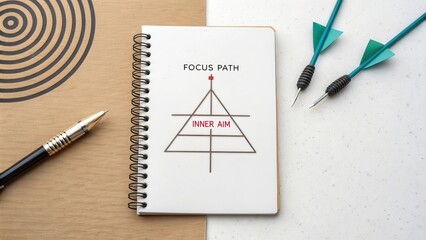 Notebook with Focus Path Diagram and Dart Pencils on Table