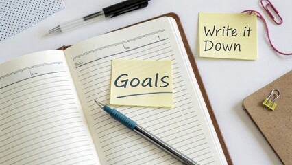 Notebook with Goals and Write It Down Sticky Notes in Office Setup