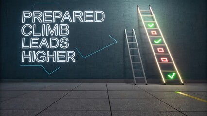 Neon Prepared Climb Leads Higher Concept with Ladder Against Wall