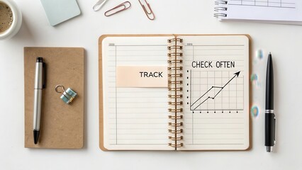 Notebook with Graph Chart and Sticky Note for Tracking Progress