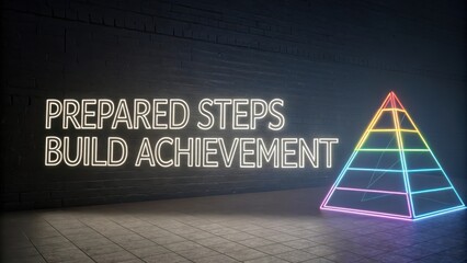 Neon Pyramid and Motivational Quote in Urban Interior Space