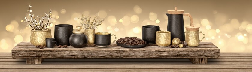 Elegant Minimalist Black and Gold Candle Holders Decor with Fairy Lights on Wooden Shelf for Cozy Atmosphere