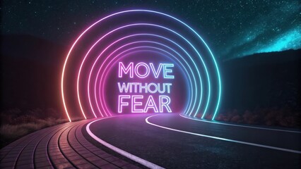 Neon Road with Inspirational Message and Starry Night Sky