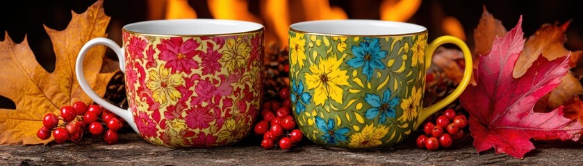 Two colorful floral patterned ceramic coffee mugs surrounded by autumn leaves and berries on wooden surface for cozy fall season setting