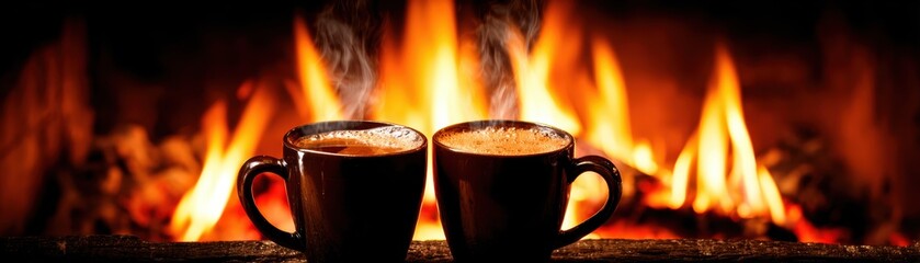 Cozy warm coffee mugs with foam topping placed on rustic wooden table in front of lively fireplace with glowing flames creating inviting ambiance