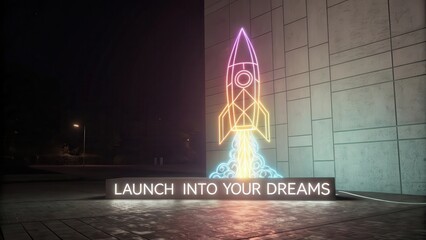 Neon Rocket Launch Sign Inspiring Dreams at Night in Urban Setting