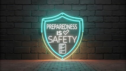 Neon Shield Sign Highlighting Importance of Preparedness and Safety
