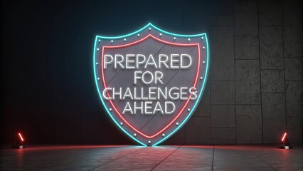 Neon Shield Sign With Prepared For Challenges Ahead Message