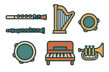 Set of musical instruments including flute, harp, piano, trumpet, and tambourine