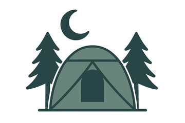 Minimalist camping tent setup surrounded by pine trees under a dark crescent moon at night