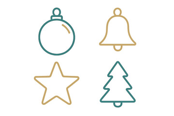 Minimalist Christmas holiday icons featuring bauble, bell, star, and tree outlines in teal and gold