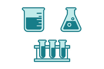 Scientific laboratory glassware set including beaker flask and test tubes in a rack