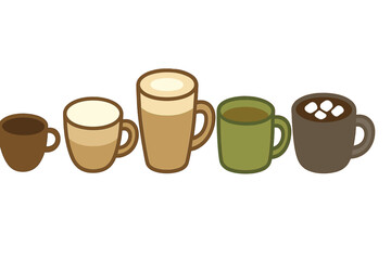 Collection of different hot drinks including espresso latte cappuccino tea and hot chocolate in mugs