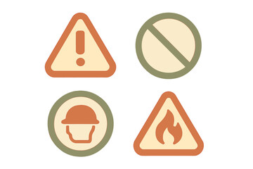 Essential industrial safety and hazard warning signs set including fire, caution, prohibition, and protective headwear symbols