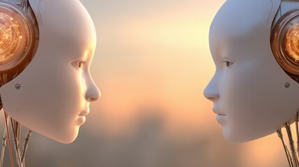 Two futuristic humanoid robots with detailed facial features facing each other at sunset with blurred background and warm lighting