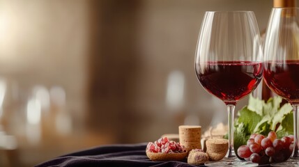 Red Wine Still Life: Two Glasses of Wine with Grapes, Cheese, and Pomegranate, Elegant Setting, Wine Photography, Fine Dining