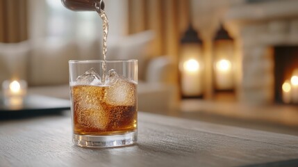 Whiskey Pouring: Elegant Drink with Ice Cubes in Glass, Cozy Living Room Background, Relaxing Evening, Home Bar, Still Life Photography