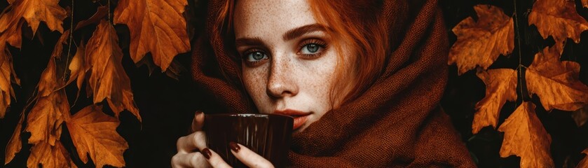 Woman with intense gaze holding a cup, surrounded by vibrant orange autumn leaves and warm cozy clothing, outdoor fall seasonal scene