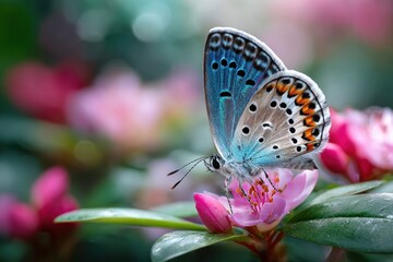 Obraz premium Blue butterfly on pink flower in nature