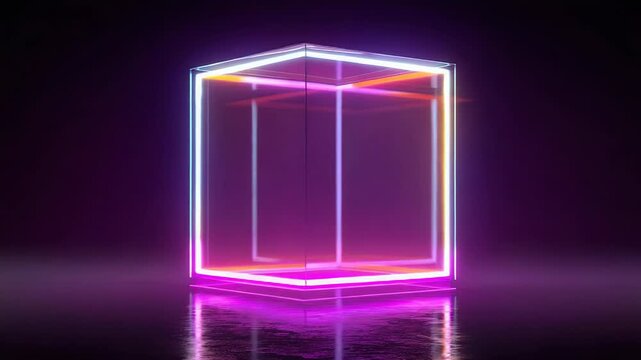 Glowing neon light cube frame reflecting on dark wet surface
