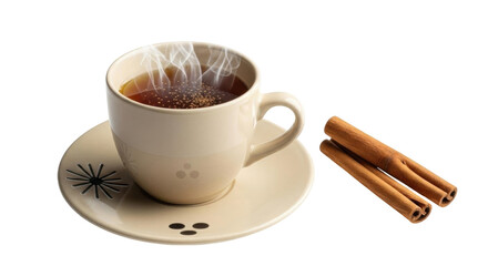 Isolated cup of tea with cinnamon sticks, a warm beverage ready to drink, enjoy the season