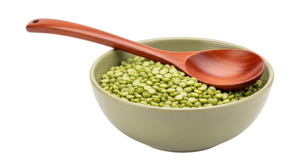 Isolated bowl of green split peas with wooden spoon, healthy legume food ingredients