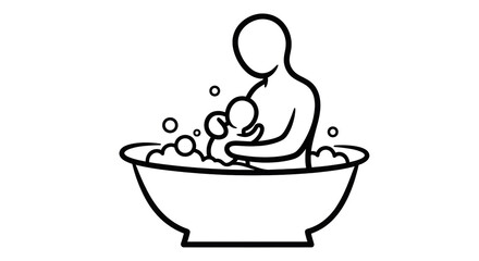 Isolated baby in bathtub gets bathed by parent, sketch illustration, minimalist style