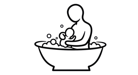 Isolated baby in bathtub gets bathed by parent, sketch illustration, minimalist style