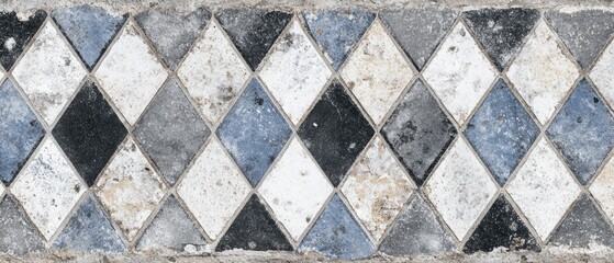 Detailed image of weathered stone tiles arranged in a geometric diamond pattern with varied textures and shades of grey black and white
