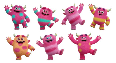 Set of Cute Fluffy Monsters transparent bg, cutout PNG