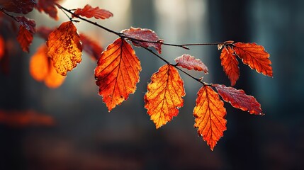 Autumn Frosty Red Leaves: Forest Twigs Landscape in Morning Light