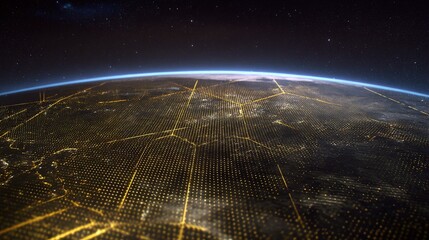 Tech-inspired Earth with Golden Grid: Space Digital Landscape