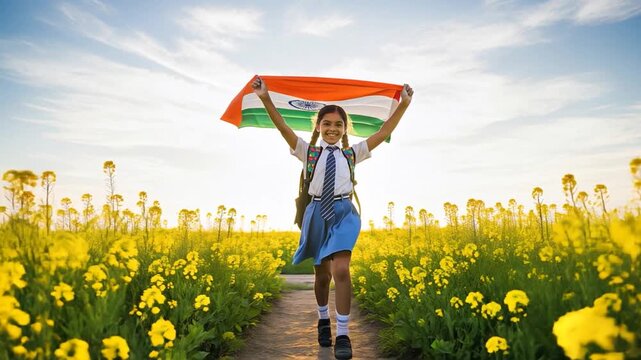 indian girl waving tricolor flag 