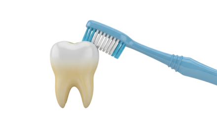 Isolated tooth with blue toothbrush shows good dental care and hygiene practices