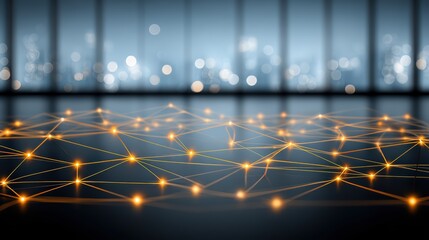 Abstract futuristic digital network with glowing connections and a blurred cityscape background representing technology and connectivity