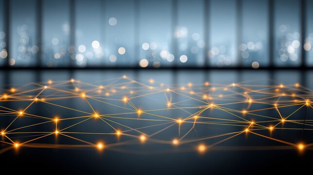 Abstract futuristic digital network with glowing connections and a blurred cityscape background representing technology and connectivity