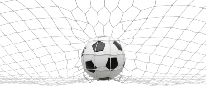 Soccer Ball in Goal Net transparent bg, cutout PNG