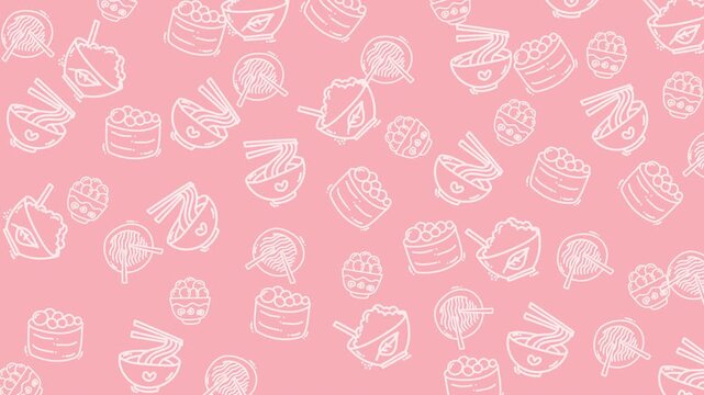 Seamless food pattern with sushi, dumplings, and noodle bowls on light pink background. Ideal for asian cuisine menus, restaurant branding, and food related designs.