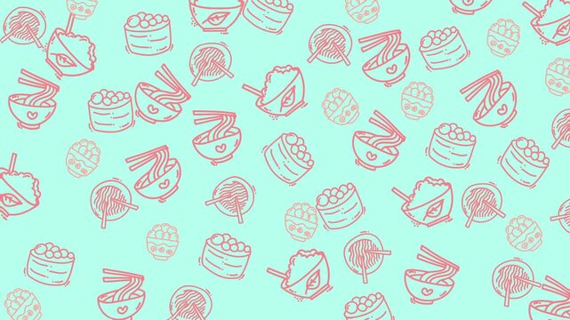 seamless food pattern of various asian food dishes. Ideal for restaurant menus, food blogs, recipe books, and cultural cuisine promotions.