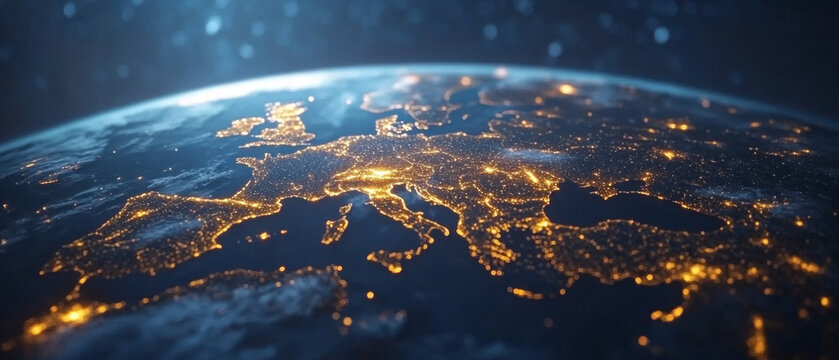 View of Europe from space at night with illuminated cities and clouds. Ideal for topics related to globalization, ecology, scientific publications about Earth and space 