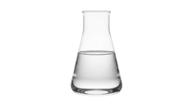 Isolated flask contains a clear liquid chemical solution for lab testing and experiments