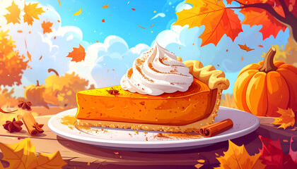 Delicious slice of pumpkin pie with whipped cream in a vibrant autumn setting.