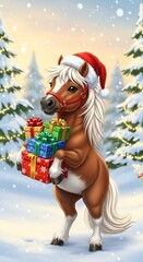 Festive Pony with Christmas Gifts in Snowy Winter Wonderland.