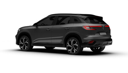 A 3D render of a hybrid grey C-SUV showing its rear left side on a transparent background, highlighting its modern design and eco-friendly features...