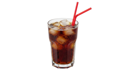 Isolated glass of cola with ice cubes and red straws on bright backdrop; refreshment, drink