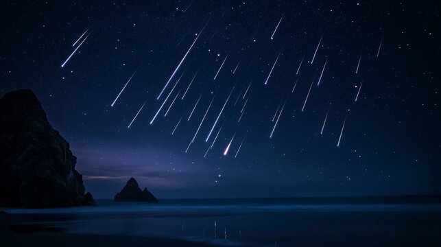 Many bright meteors streak across a dark, starry night sky over a calm ocean with rocky silhouettes on the coastline, creating a breathtaking celestial display